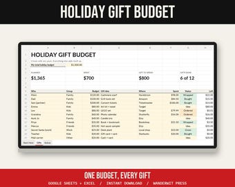 Kalkylblad för julklappsbudget, högtidsbudget, presentlista, Google Sheets Excel, julplanerare, presentspårare