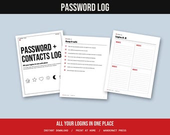 Password Log Printable, Password Keeper, A-Z Login Pages, Internet Address Book, Wi-Fi Info, Emergency Contacts