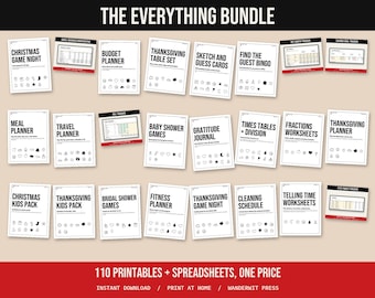Pacchetto completo: 110 materiali stampabili e fogli di calcolo, agende, giochi per feste, giochi per le vacanze, schede didattiche per bambini, modelli di budget.