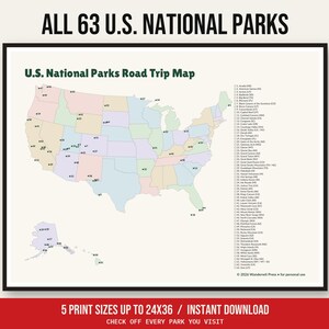 US National Parks Map Printable, All 63 National Parks Checklist, Road Trip Bucket List Poster, Travel Wall Art, Instant Download