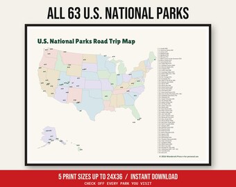 US National Parks Map Printable, All 63 National Parks Checklist, Road Trip Bucket List Poster, Travel Wall Art, Instant Download