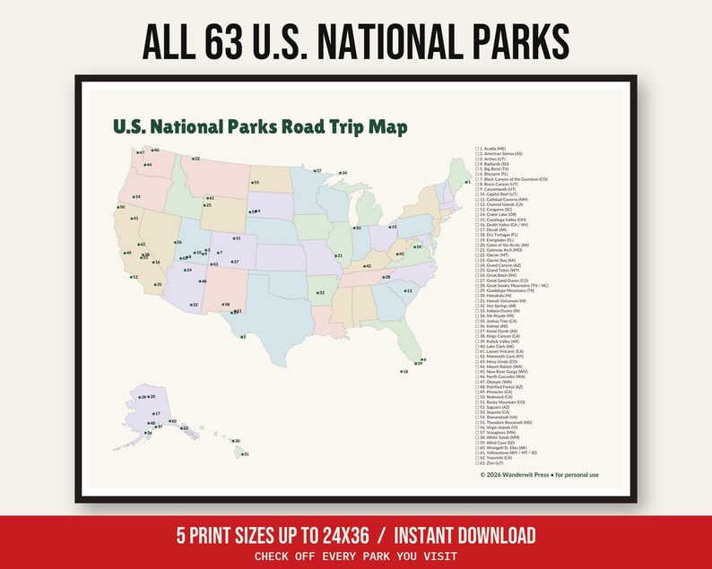 US National Parks Map Printable, All 63 National Parks Checklist, Road Trip Bucket List Poster, Travel Wall Art, Instant Download afbeelding 1