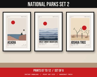 National Parks Poster Set 2, Printable Wall Art, Acadia Smoky Mountains Joshua Tree Rocky Mountain Olympic Bryce Canyon