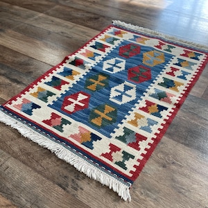 Vintage Kilim Turkish Small Wool Rug Colorful Geometric Design with Tassels Textile Wall Art