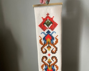 Vintage Tapestry Bell Pull Embroidered Cross Stitch Needlepoint Handmade Wall Hanging Midcentury OOAK