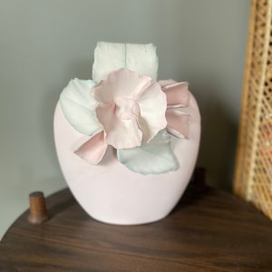 Vintage 80s 90s Handmade Pink Ceramic Floral Flower Studio Pottery Vase Signed Eclectic Home Decor Pastel