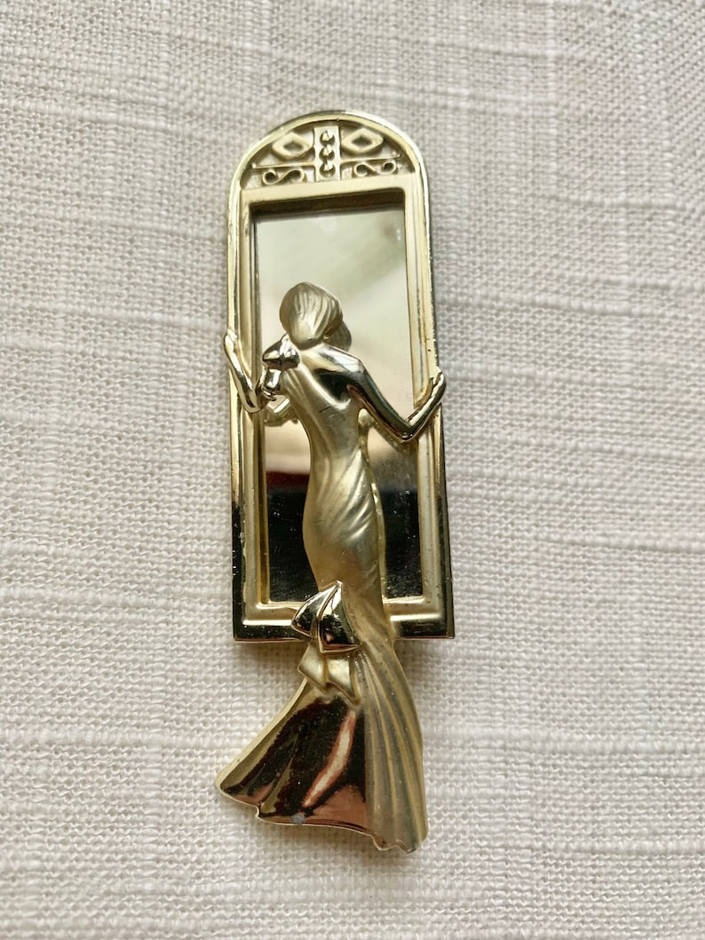 Vintage Signed AJC Woman in Mirror Gold Brooch or Lapel Pin Etsy