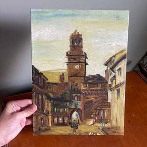 Vintage 12 x 9 in Original Oil Scenic Landscape Painting of Clock Tower Building on Canvas Board Signed OOAK