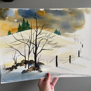 Original Watercolor Winter Scene Scenic Snowy Landscape Field Mountain Painting Unsigned Artist Folk Art Outsider Home Decor Wall Hanging