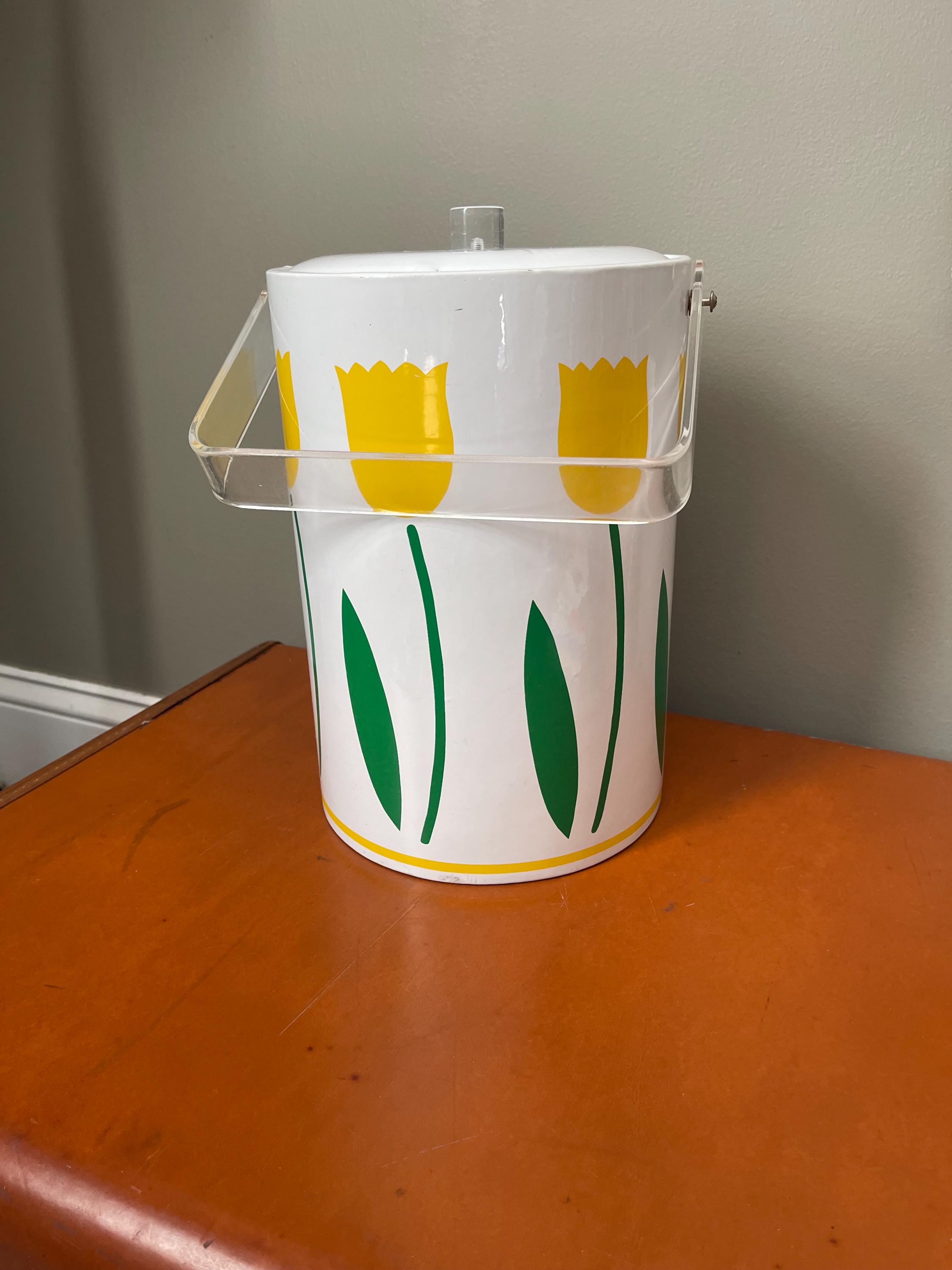 Vintage 11” 60s 70s MRB Yellow Tulip Floral Ice Bucket MCM Lucite