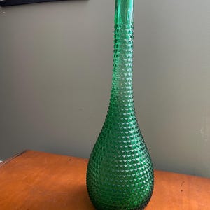 Vintage Midcentury Emerald Green Empoli Italy Rare Diamond Cut Textured Glass Genie Bottle