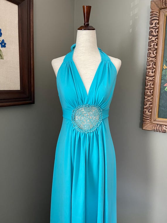 Vintage 60s 70s Blue Floor Length Halter Top Dress With Lace Macrame Detail  S XS - Etsy