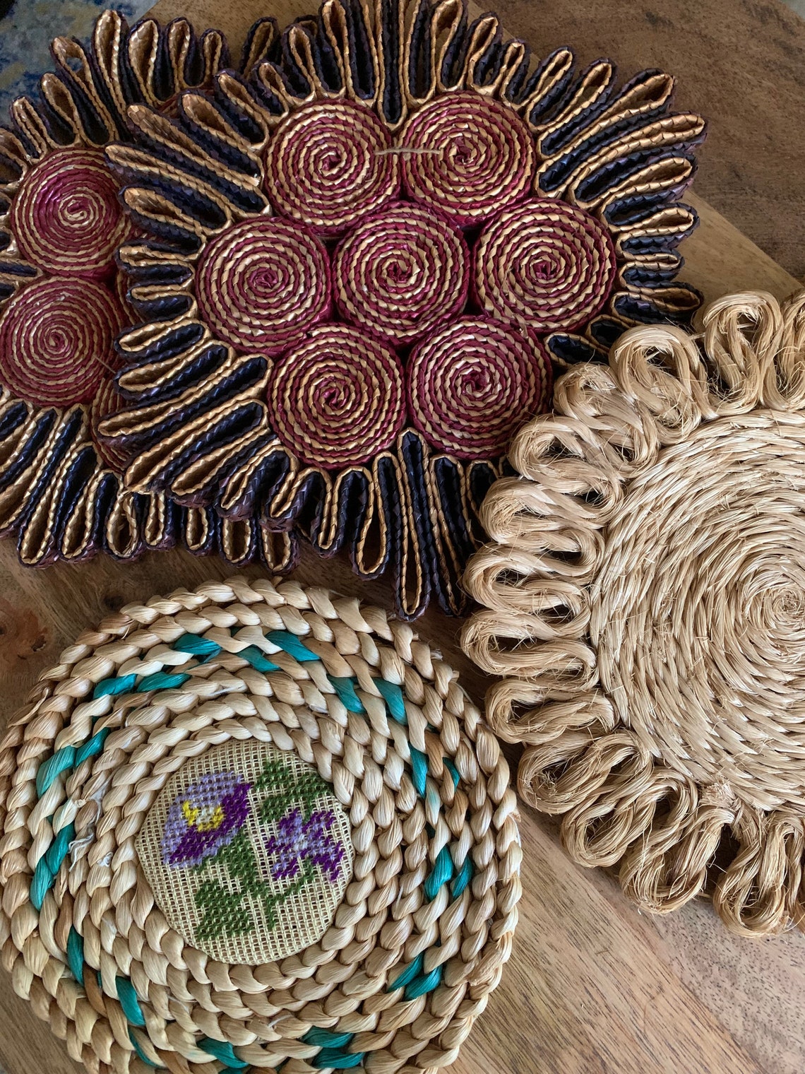 4 Vintage Basket Weave Jute Twine Embroidery Trivets for Hot Etsy