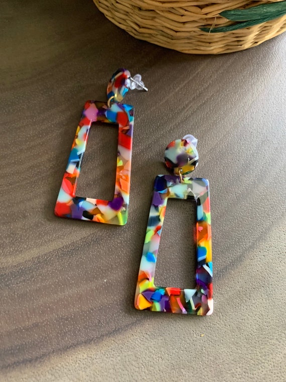 Vintage 90s Rectangular Dangle or Drop Colorful Ha