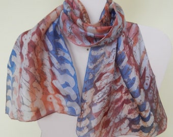 Long wax batik silk scarf in red blue shades Abstract silk scarf