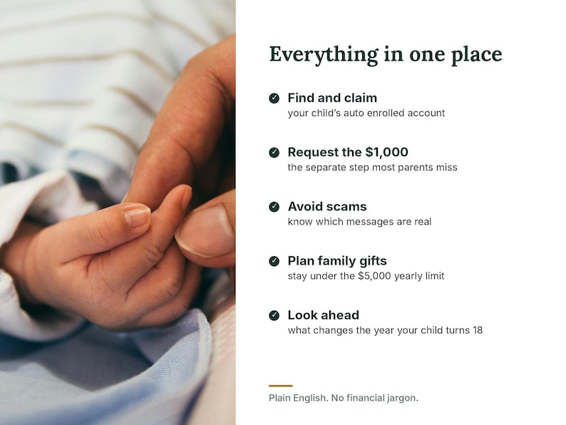 Pode incluir: Um gr&aacute;fico informativo intitulado Everything in one place, listando cinco pontos: Find and claim your child's auto enrolled account, Request the $1,000, Avoid scams, Plan family gifts e Look ahead, com o texto Plain English. No financial jargon.
