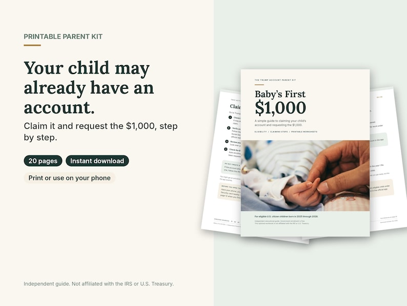 Pode incluir: Um kit para pais imprim&iacute;vel com um guia de 20 p&aacute;ginas intitulado Baby's First $1,000. O documento inclui instru&ccedil;&otilde;es passo a passo para solicitar uma conta infantil, com o texto Your child may already have an account.