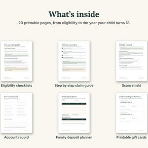 Pode incluir: Um conjunto de 20 p&aacute;ginas imprim&iacute;veis com listas de verifica&ccedil;&atilde;o e guias intitulados What's inside, Eligibility checklists, Step by step claim guide, Scam shield, Account record, Family deposit planner e Printable gift cards com texto escuro.
