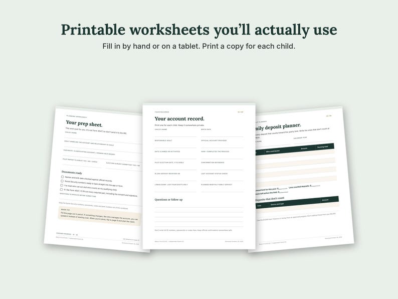 Pode incluir: Tr&ecirc;s folhas de trabalho imprim&iacute;veis com texto verde escuro em papel branco. As p&aacute;ginas s&atilde;o intituladas Your prep sheet, Your account record e Family deposit planner. Cada documento cont&eacute;m campos estruturados, caixas e linhas.