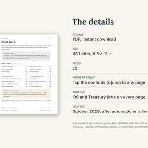 Pode incluir: Um guia digital intitulado The details, formatado como um PDF de 20 p&aacute;ginas no tamanho US Letter de 21,59 x 27,94 cm. O documento apresenta um guia educacional para inscri&ccedil;&atilde;o de conta, incluindo links clic&aacute;veis, fontes do IRS e do Tesouro, e atualiza&ccedil;&otilde;es at&eacute; outubro de 2026. O layout inclui um sum&aacute;rio e texto instrutivo para uso m&oacute;vel.