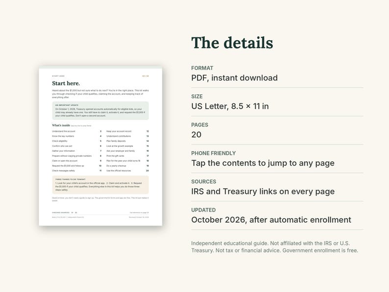 Pode incluir: Um guia digital intitulado The details, formatado como um PDF de 20 p&aacute;ginas no tamanho US Letter de 21,59 x 27,94 cm. O documento apresenta um guia educacional para inscri&ccedil;&atilde;o de conta, incluindo links clic&aacute;veis, fontes do IRS e do Tesouro, e atualiza&ccedil;&otilde;es at&eacute; outubro de 2026. O layout inclui um sum&aacute;rio e texto instrutivo para uso m&oacute;vel.