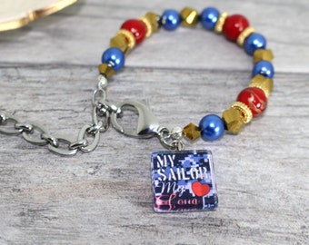 Pulsera my Sailor My Love Charm Esposa de la Marina, Pulsera de Novia ? USN Esposa, Novia Joyería Joyería de marineros de la marina ? Amor militar