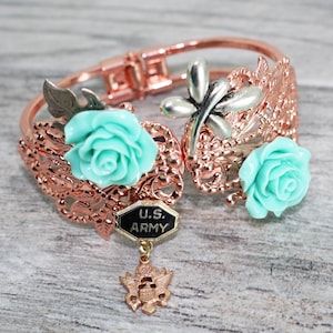 Copper US Army Cuff Bracelet Mixed Media Piece with Vintage WW2 Sweetheart Pin
