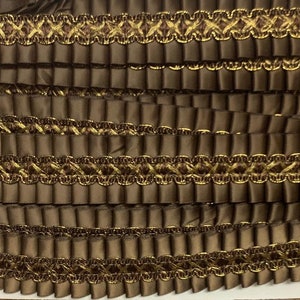 1&1/2&quot; brown pleated satin fabric trim gold center ribbon 7 yards