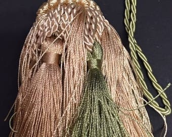 5&1/2" Sage Light Gold Tied Key Tassel Fabric Trim Lot Of 2