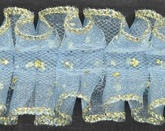 1&1/2" Light Blue Pleated Organza Fabric Trim Tulle Center Gold Edge 15 Yards