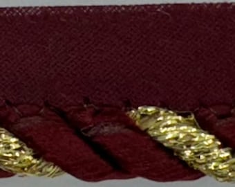 1/4" Burgundy Metallic Gold Twisted Lip Cord Edge Fabric Trim 12 Yards