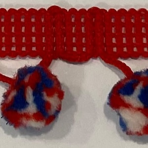 1&quot; White Blue Red Pom Pom Ball Fabric fringe trim 12 yards Holiday Trim