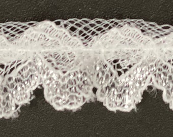 1/2" White & Metallic Silver Ruffled Lace Trim 25 Yards