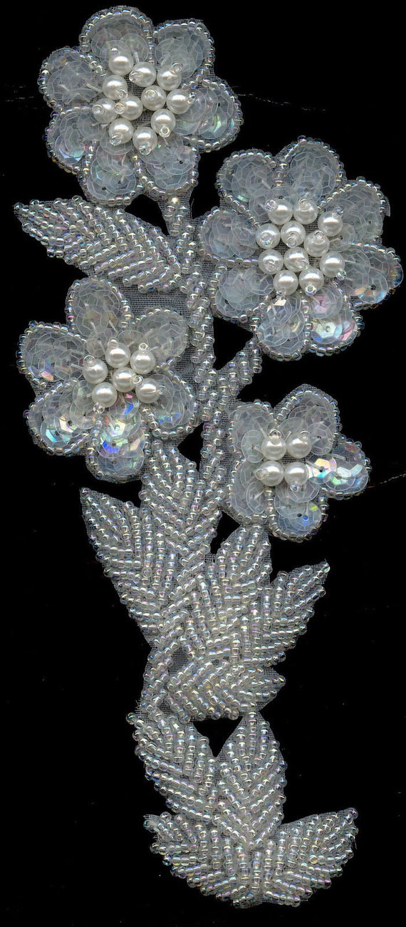 Beaded Floral Appliqué Trim in White and Silver WHITE PEARL BEADED FLORAL TRIM - sarahi.NYC – Sarahi.NYC main image 4