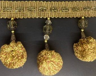 5" Dark Gold Olive Rust Tassel Fringe Pom Pom Chenille Beaded Trimming 5 Yards