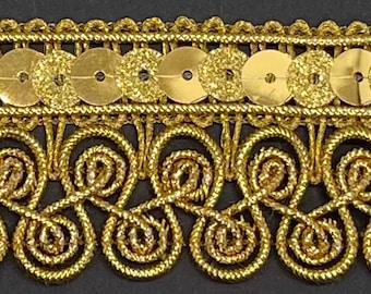 1&1/2" metallic gold venice venise lace braid gimp trim with gold sequin 5 yards