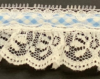 1&1/2" white ruffed lace fabric trim light blue white gingham beading 22 yards