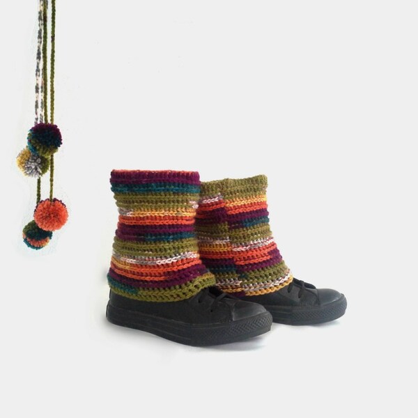 Pippi's Short Leg Warmers 1, Multicolor Crochet Ankle Cuffs, Reversible, Olive, Copper, Mustard, Purple, Petrol, Gray, Fall, Winter Fashion
