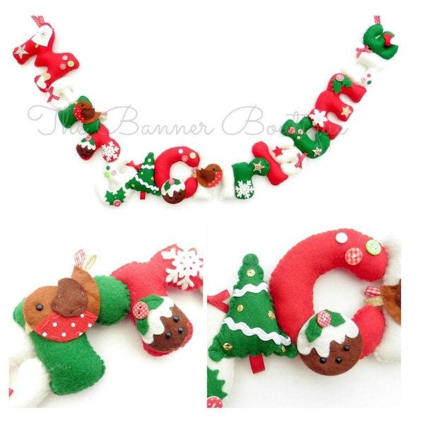 Pancarta de fieltro de Feliz Navidad. Guirnalda navideña. Decoración de fieltro. Banderines de fieltro. Decoración navideña. Decoraciones navideñas