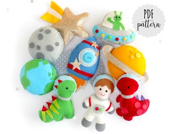 PDF pattern and instructions to sew Dinosaurs in Space felt garland.  Templates. Digital download. Felt dinosaurs. Felt garland.