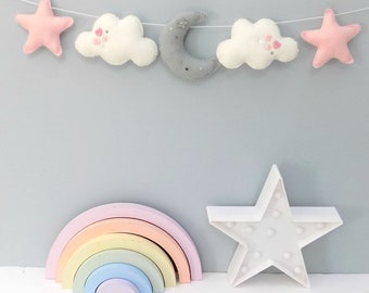 Sew your own Moon and stars felt garland kit, Nursery decor, Felt star, Cloud garland, Sewing kit, Sewing pattern, DIY craft, new baby gift