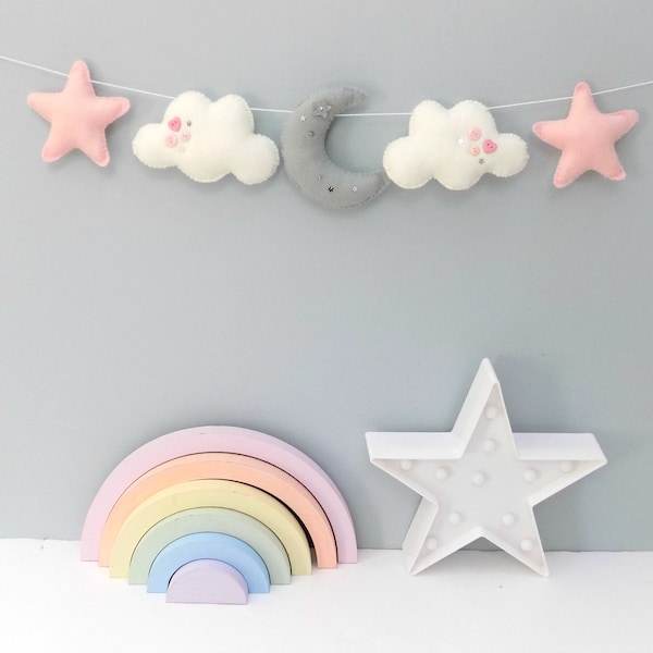 Sew your own Moon and stars felt garland kit, Nursery decor, Felt star, Cloud garland, Sewing kit, Sewing pattern, DIY craft, new baby gift