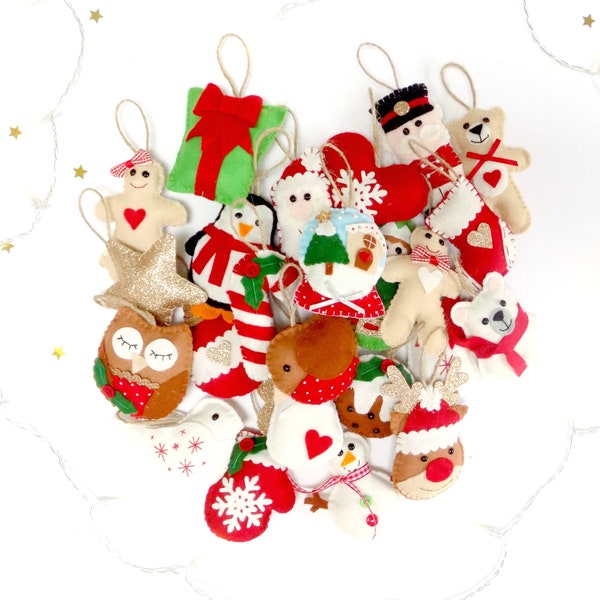 Cose tu propio juego de 24 adornos navideños de fieltro para Adviento. Adorno navideño. Kit de patrones de fieltro. Manualidades navideñas.