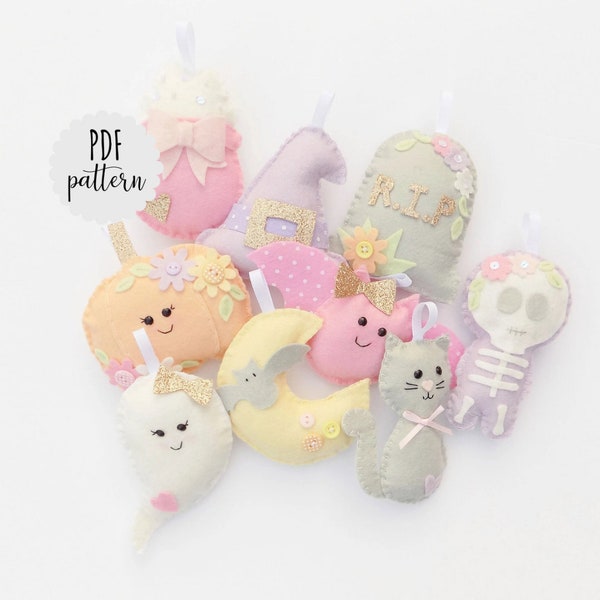 PDF pattern to make a felt Halloween garland, DIY sewing kit, the Banner Boutique, pastel halloween, pastel ghost.