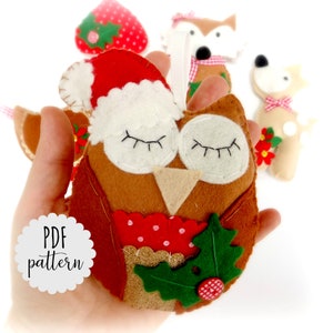 Può includere: Un ornamento a forma di gufo in feltro marrone con un cappello di Babbo Natale in feltro bianco, tessuto a pois rosso e bianco e foglie di agrifoglio in feltro verde. Il gufo ha gli occhi chiusi e un becco in feltro beige. L'ornamento è appeso a un nastro bianco.