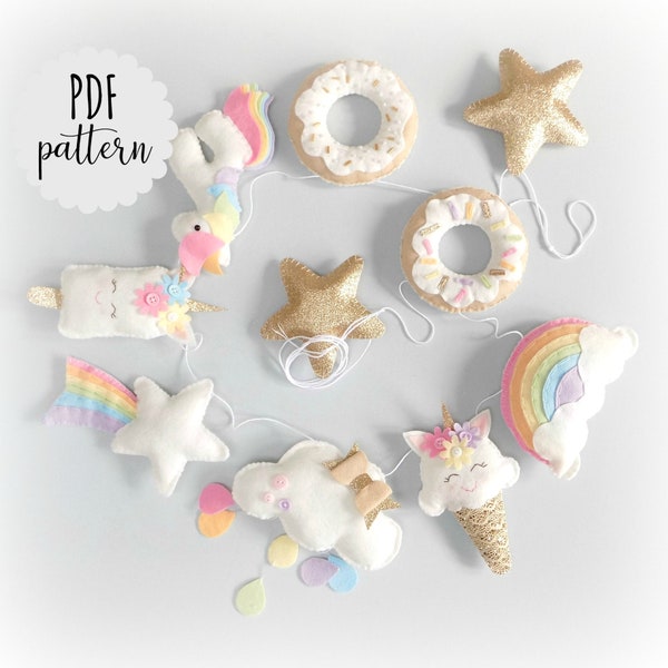 Patrón PDF Guirnalda de fieltro Unicorn Dreams. Descarga instantánea. Kit de fieltro. Patrón digital. Kit de costura. Decoración infantil. Patrón de costura de fieltro.