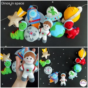 Sew your own Dinosaurs in Space garland. Felt dinosaurs. Felt garland. Sewing kit.