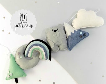 PDF pattern and instructions. Instant download. Felt decor. Bear and mountain felt garland. Scandi. Adventure nursery.