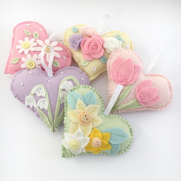 Felt Flower Hearts. Felt garland. Available individually or as a Set of 5 floral hearts. Spring decor.