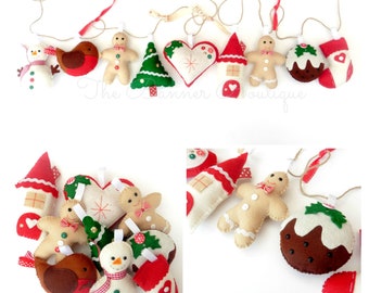 May include: A felt Christmas garland with a variety of ornaments, including a snowman, a robin, a gingerbread man, a Christmas tree, a heart, a house, a gingerbread man, a Christmas pudding, and a stocking. The garland is strung on a twine string.